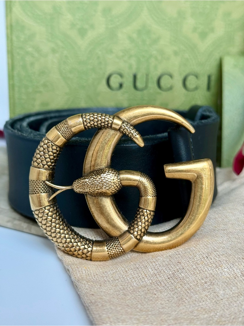Authentic Gucci Kingsnake GG Buckle Leather Belt | Box, Dust Bag Included